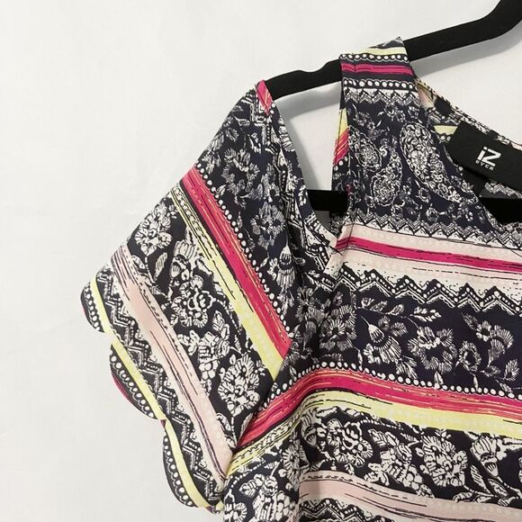 iZ Byer Cold Shoulder Floral Pattern Navy, Pink, Yellow Stripes Top Size M - Picture 3 of 8
